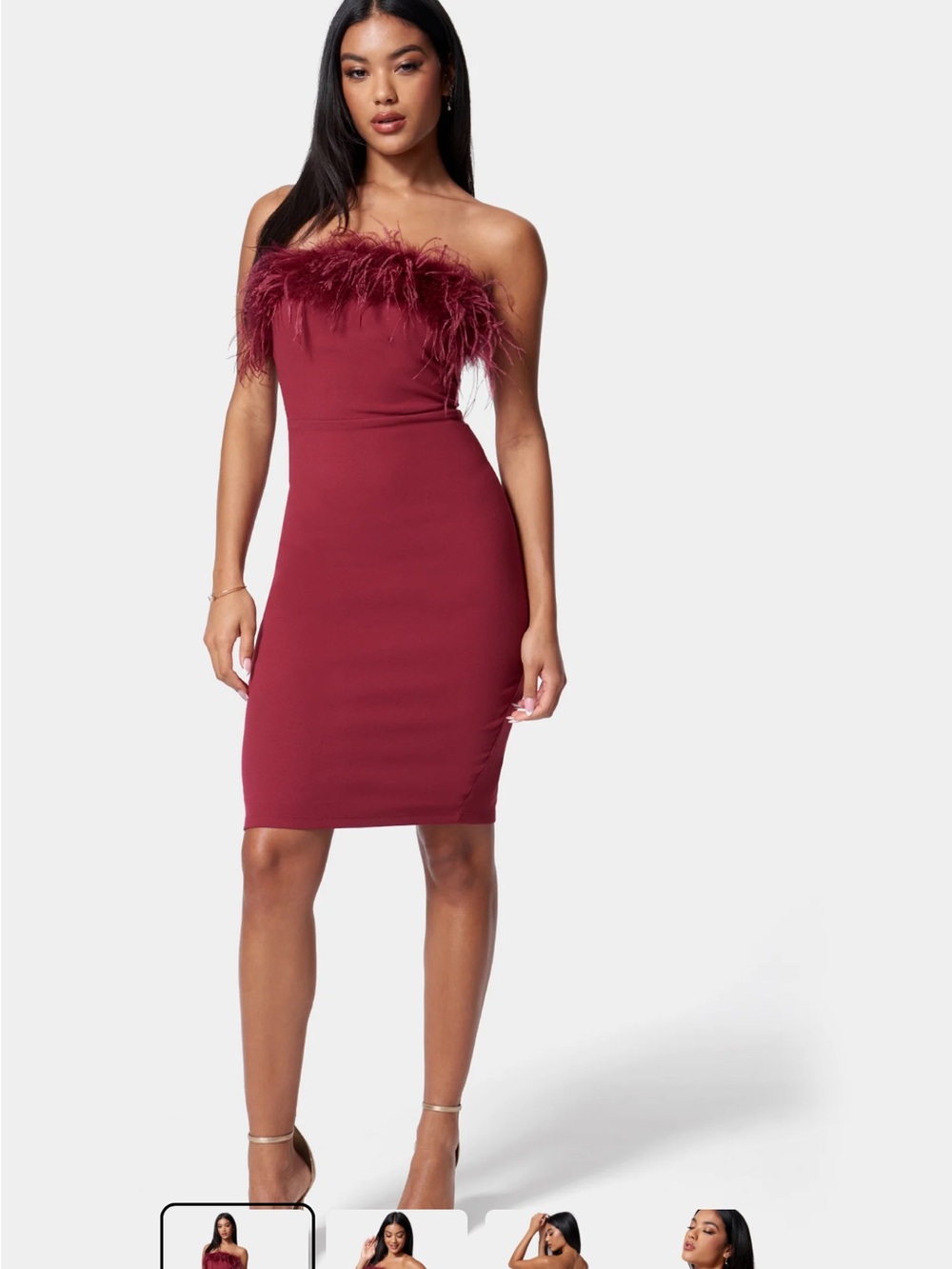 bebe Strapless Feather-Trim Bodycon Dress - Wine